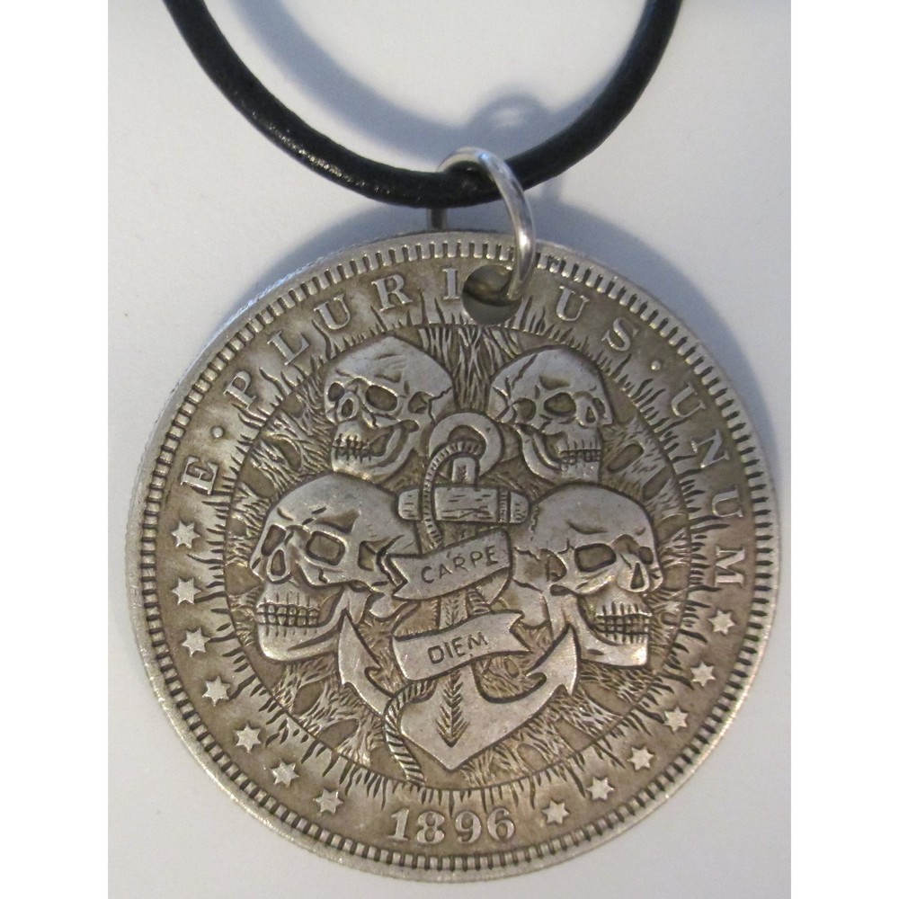 1896 Four Skull Novelty HOBO COIN Morgan Dollar Leather Chord Necklace